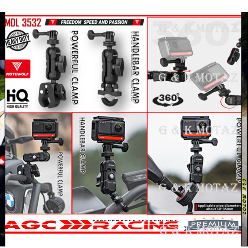 MOTOWOLF MDL3532 กล้อง Dashcam GoPro Mount CRASH BAR POWER CLAMP HANDLEBAR HEAVY DUTY CAMERA BRACKET