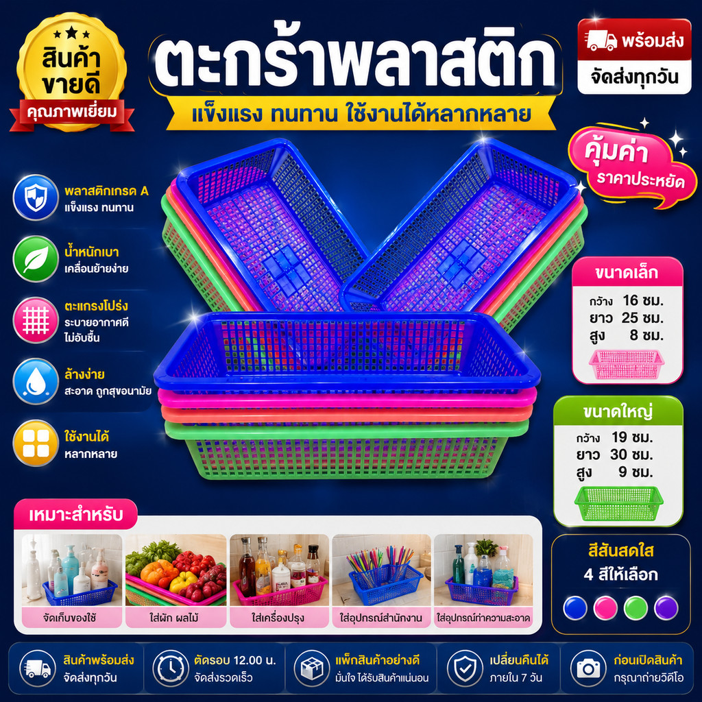 ตะกร้าพลาสติกสี่เหลี่ยม เกรด A+ ตะกร้าใส่ของอเนกประสงค์ วางซ้อนกันได้ ขนาด 12x23x6 ซม.