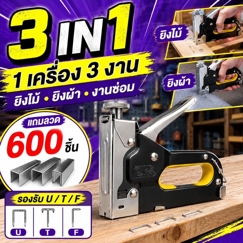 ชุดเครื่องเย็บลวด 3แบบในเครื่องเดียว แถมลวด 600 ชิ้น สำหรับงานไม้ งานผ้า งานตกแต่ง ซ่อมบ้าน งานช่าง เลือกลวดประตู 8มม.