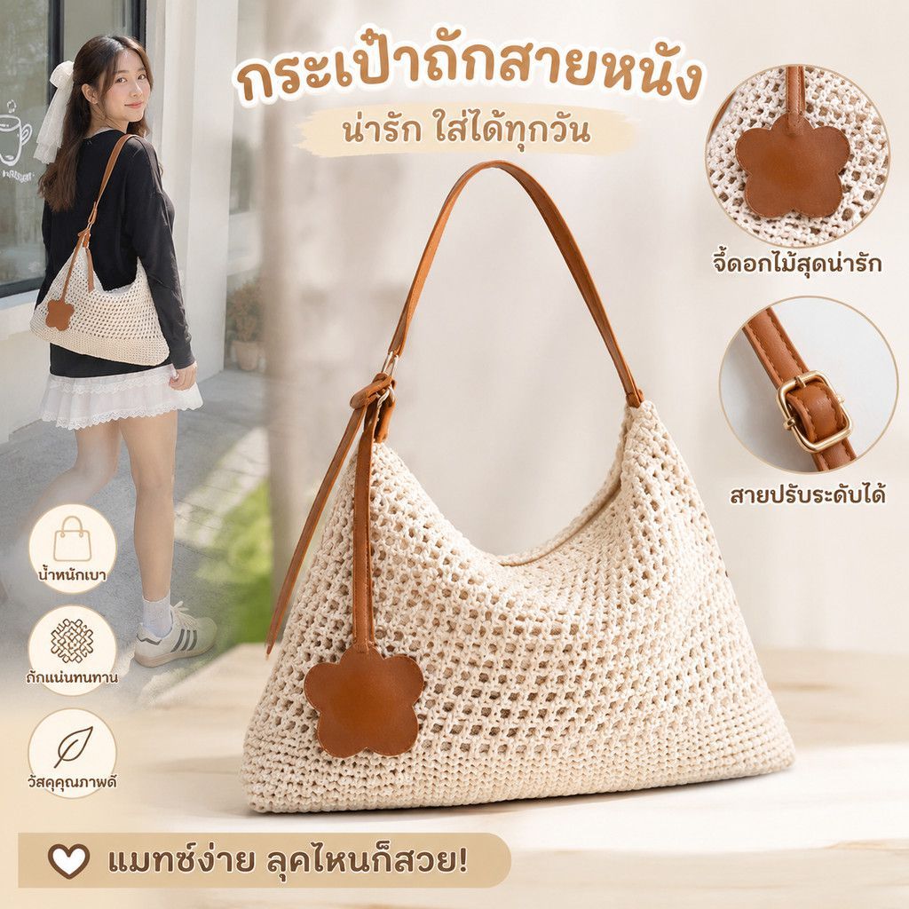 กระเป๋าสะพายไหล่ถัก สายสะพายปรับความยาวได้