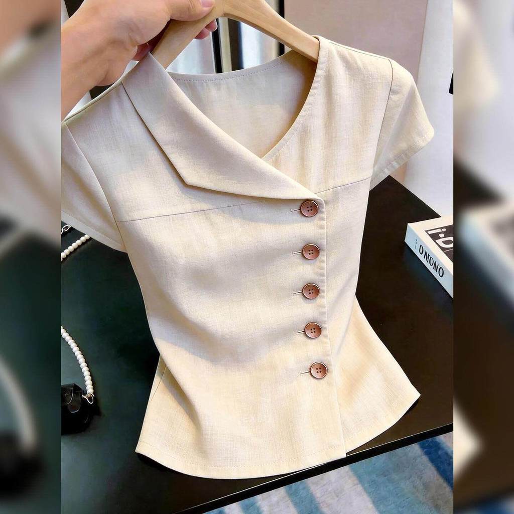 แสงผู้ใหญ่สไตล์แขนสั้นเสื้อด้านบนผู้หญิงแอปริคอทปุ่มผิดปกติ ผอมลง ดูอารมณ์เอวแคบ