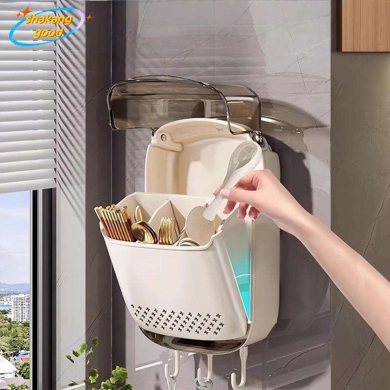 SKTH เครื่องครัวผู้ถือช้อนส้อมติดผนังชั้นวาง Organizer พร้อมฝาปิดกันฝุ่นสําหรับบนโต๊ะอาหาร SKK
