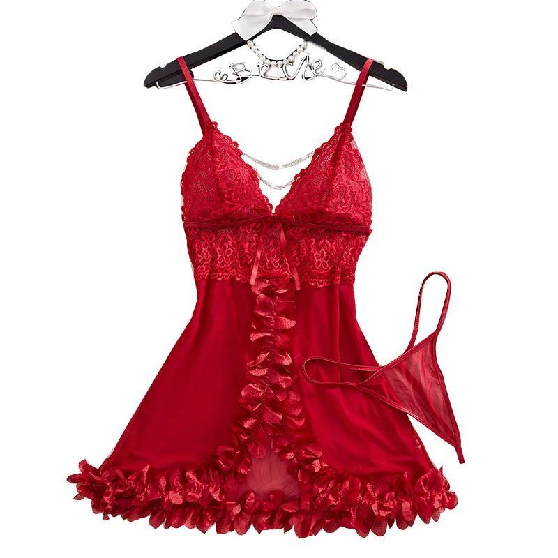 XE Transparent Red Sexy Lingerie Women's Underwear See Through Flower Edging Lace Nightdress And Tho