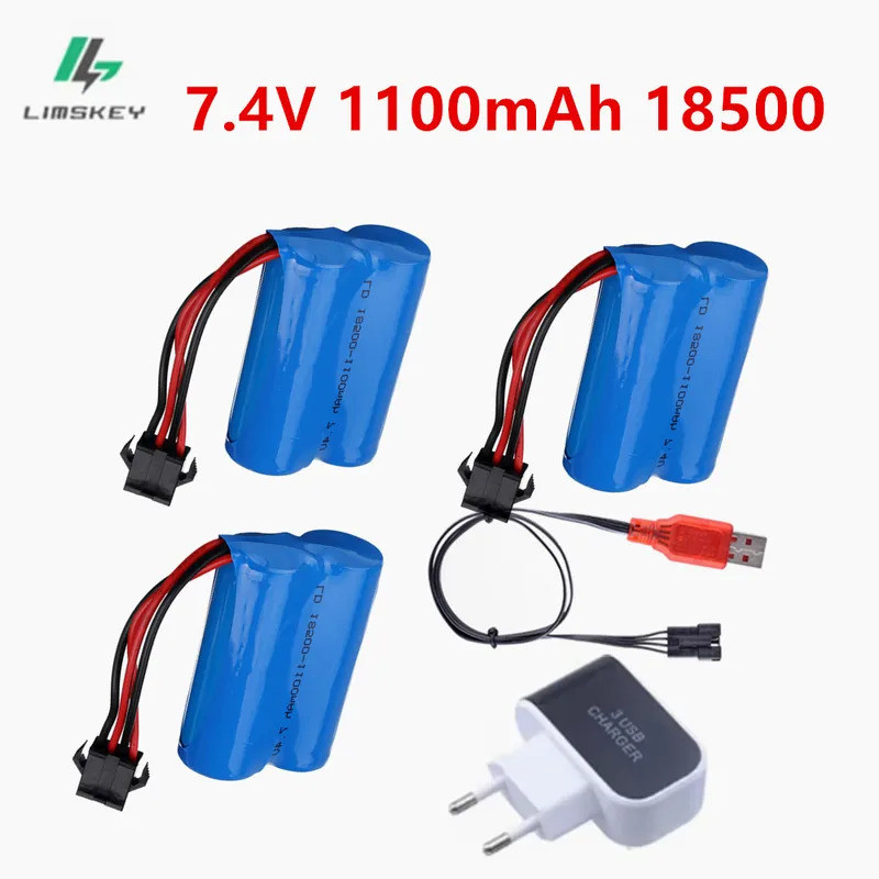 18500 7.4V 1100mAh แบตเตอรี่ Lipo 7.4V แบตเตอรี่ชาร์จ SM-4P ปลั๊กสําหรับ UDI001 HQ960 HJ808 HJ813 รี