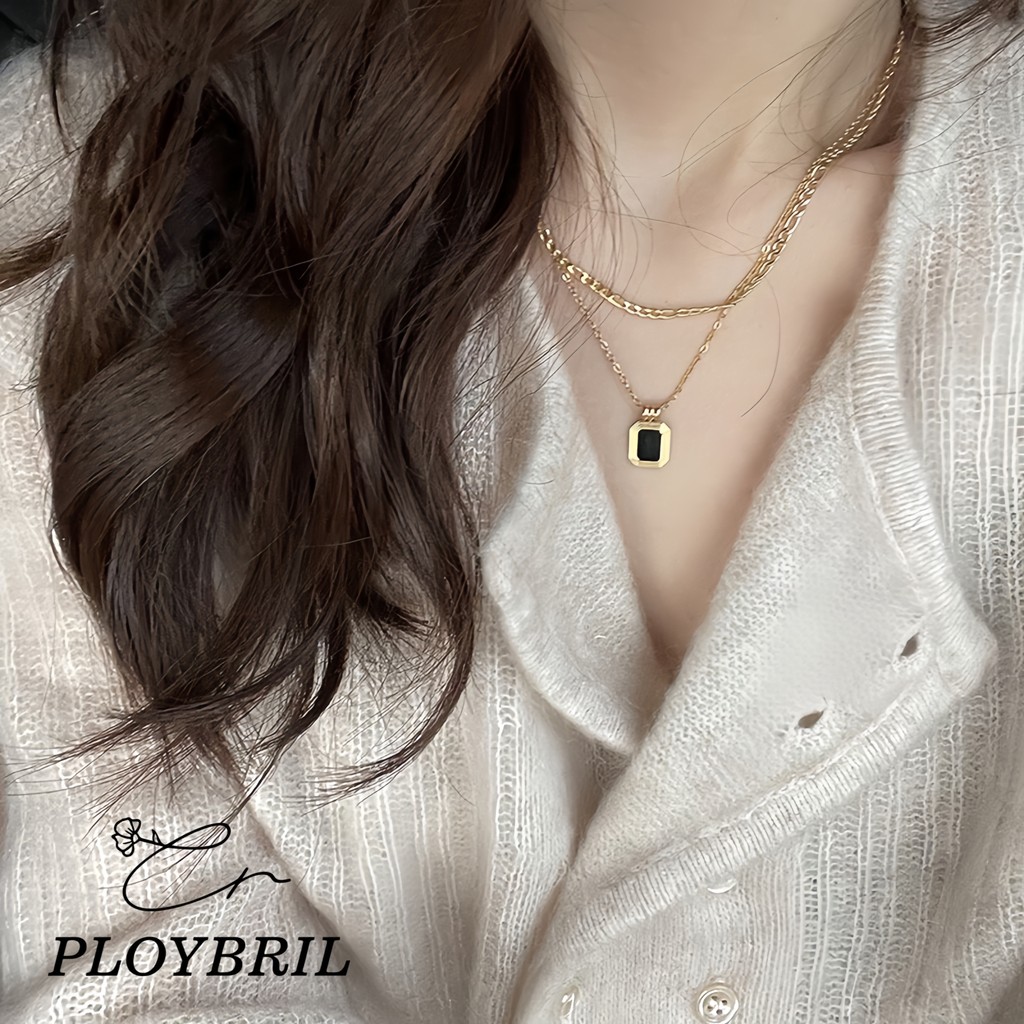 PLOYBRIL สร้อยคอโซ่เหล็กไทเทเนียม ทอง 18K สองชั้น ไม่จางหาย สีดํา สไตล์ฮิปฮอป X077