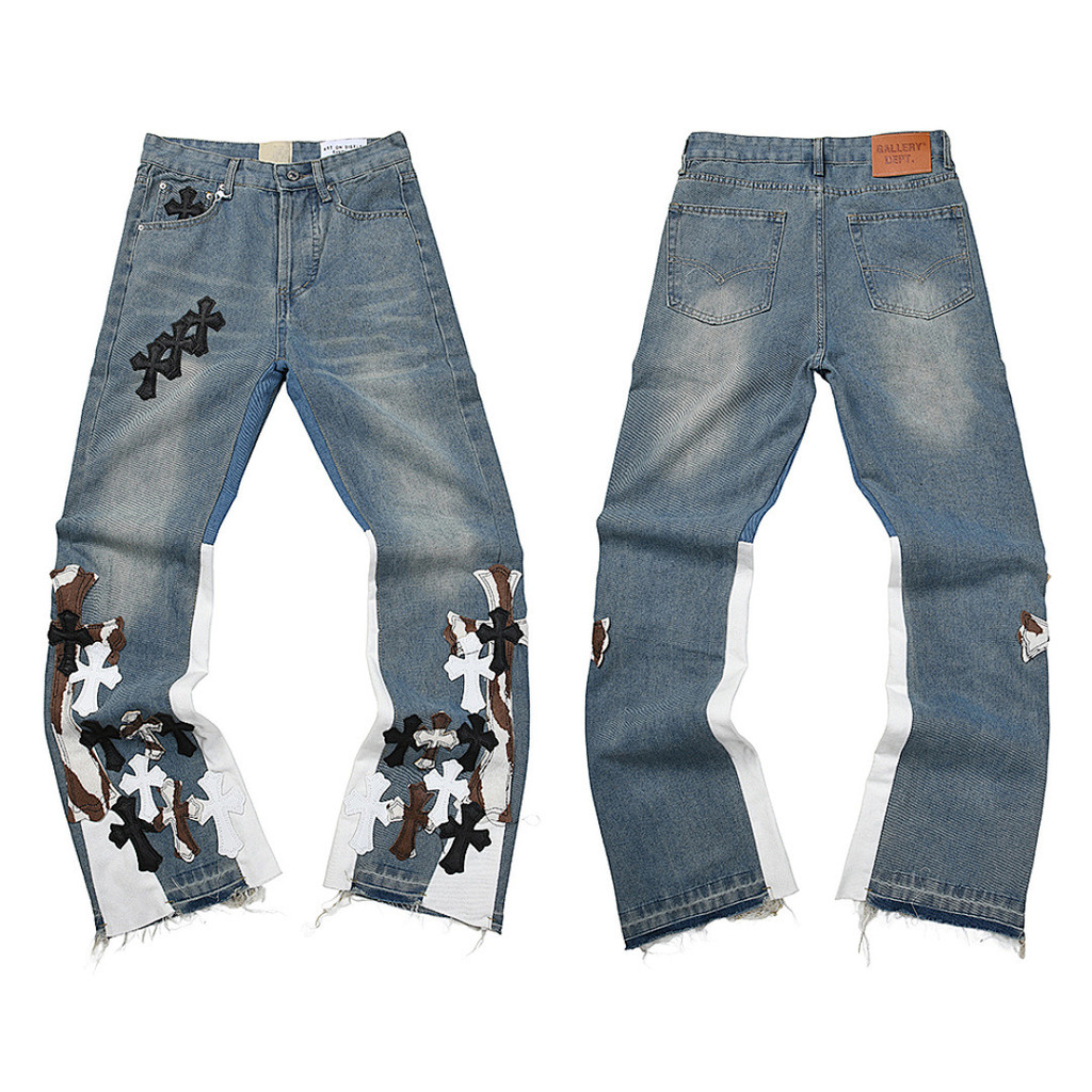 IVRY GALLERY DEPT.Denim Stitching Distressed Stitching กางเกงยีนส์ขนสัตว์เย็บกางเกงยีนส์หนังบาน