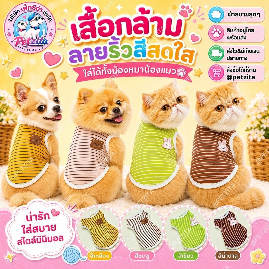 🇹🇭พร้อมส่ง🇹🇭 เสื้อแขนกุด ลายริ้วน่ารัก ผ้ายืดเด้งใส่สบาย - For PET เสื้อผ้าสัตว์เลี้ยง สุนัข หมา แมว