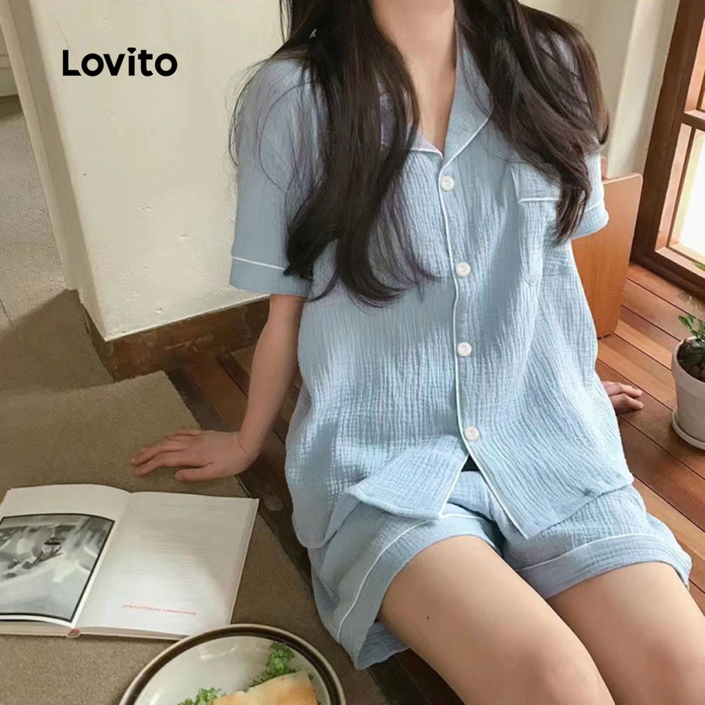 Lovito ชุดนอน 2 ชิ้น สวมใส่สบาย เหมาะสำหรับสวมใส่นอกบ้าน แพ็ค 2 ชิ้น ชุดนอนสีชมพูสำหรับผู้หญิง LNE117147