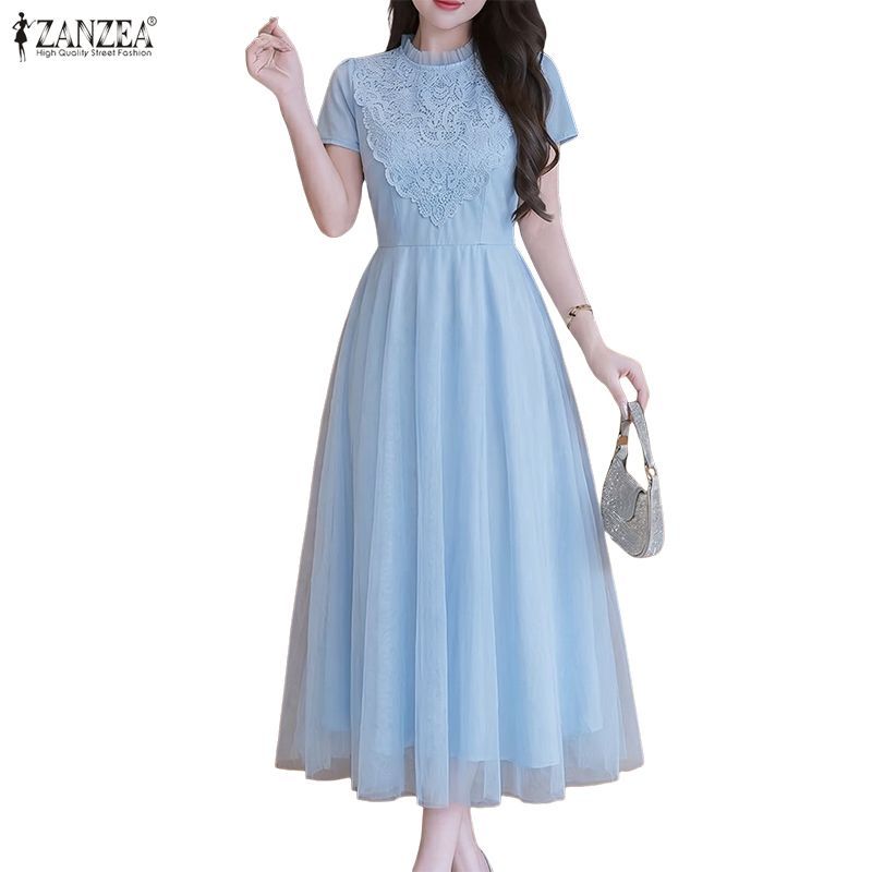 ZANZEA ใส่ ซานเซีย ผู้หญิงเกาหลีหรูหราคอลูกเรือแขนสั้นลูกไม้โครเชต์ตาข่ายประกบชุดสองชั้น
