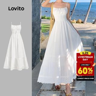 Lovito Boho Women Dress Ruched Ruffle Hem Tie Front Spring/summer White Dress L183ED033
