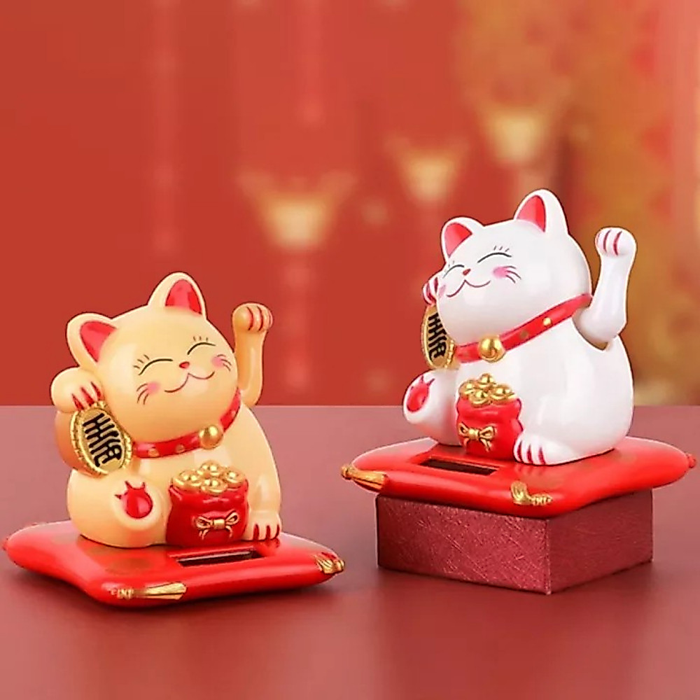 แมวกวักเรียกทรัพย์ แมวนำโชค แมวกวักญี่ปุ่น แมวกวักนำโชค แมวกวักโซล่าเซลน ฮวงจุ้ย สีขาว สีเหลือง