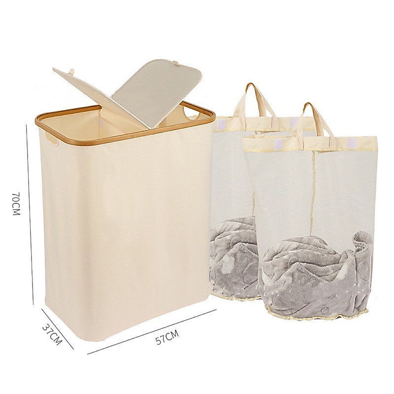 ถุงตาข่ายฟรี 🎀2 ช่อง ตะกร้าผ้า พับได้ 140L laundry basket ถอดออกได้ เปิดแยกกัน เป็นมิตรต่อสิ่งแวดล้อม กันน้ำ