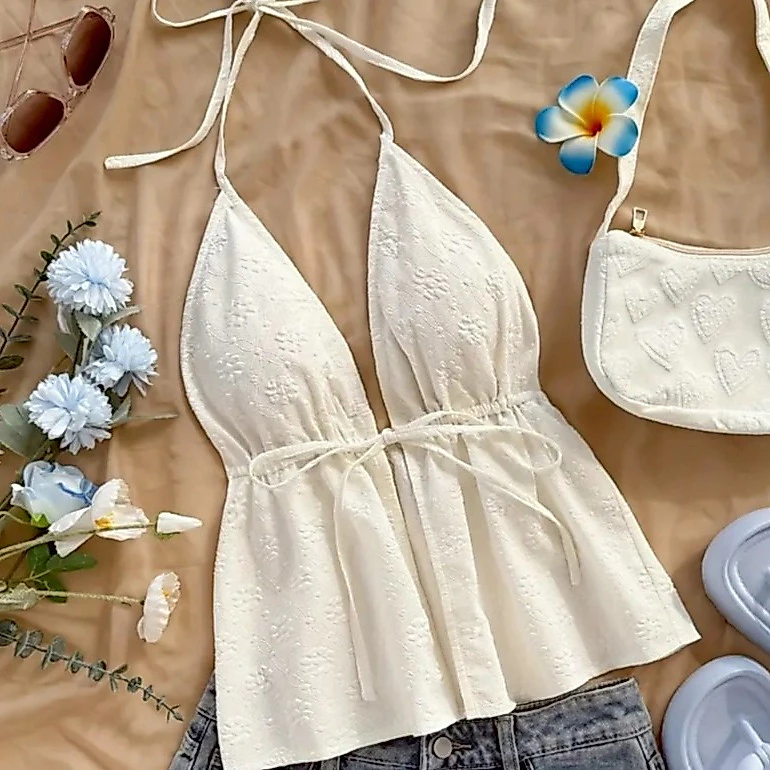 Crop TC2443 เสื้อคล้องคอ ผูกหน้า คอวี เปิดหลัง