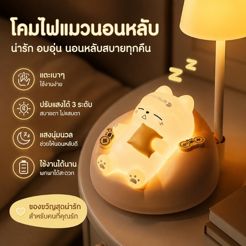 โคมไฟแมวน้อยน่ารักสำหรับนอน แสงบรรยากาศสำหรับหัวเตียง ช่วยถนอมสายตา ปรับระดับได้หลายแบบ มีดีไซน์สวยงาม