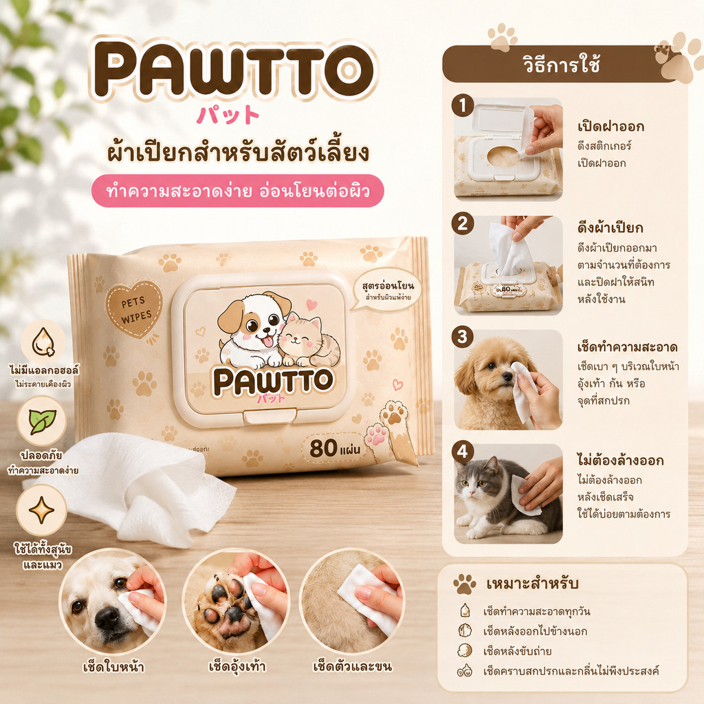Pet Wipes ทิชชู่เปียกสำหรับสัตว์เลี้ยง สูตรอ่อนโยนพิเศษ ปลอดภัย เส้นใยธรรมชาติ100%