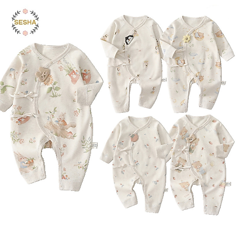 ชุดจั๊มสูทแขนยาวจากผ้าฝ้ายสำหรับทารกแรกเกิดถึง 6 เดือน ใช้เป็นชุดนอน
