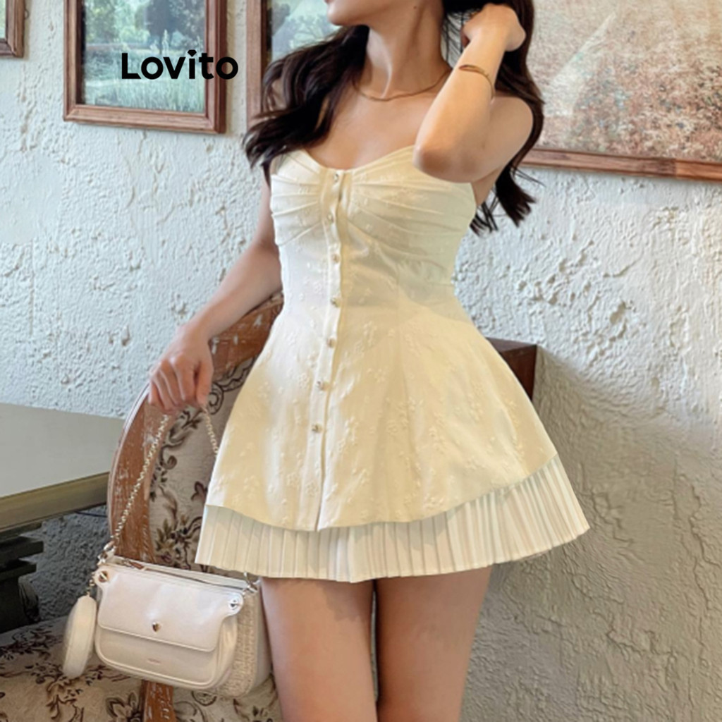 (Casual) Lovito ชุดเดรสลําลองชุดเดรสกระดุม ผ้าแจ็คการ์ด แบบจีบฤดูร้อนสําหรับผู้หญิง L86ED347
