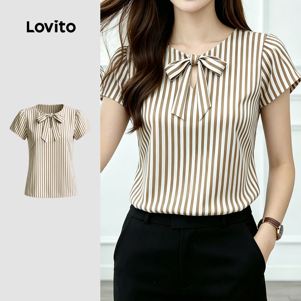 Lovito เสื้อเบลาส์ลําลอง ผูกโบว์ แบบเว้าช่วงอก สําหรับผู้หญิง LK6ED071