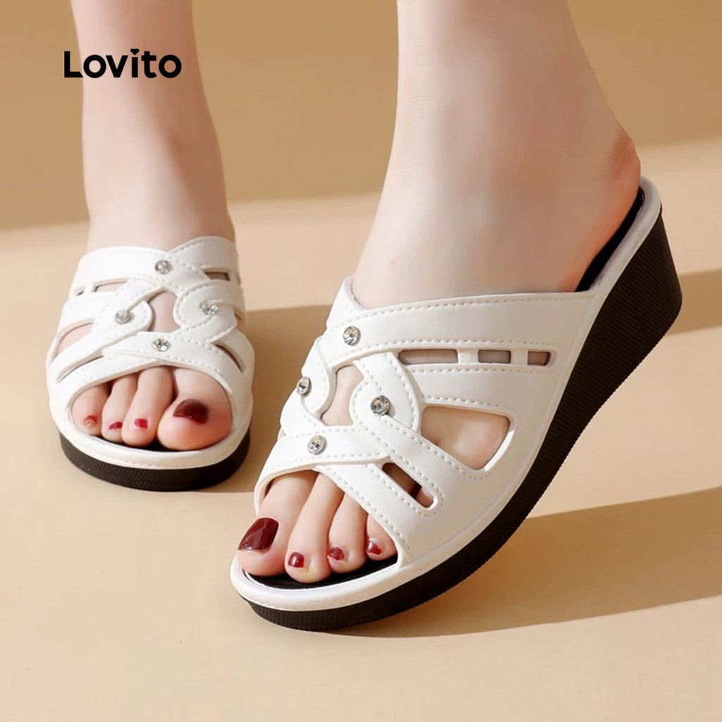 Lovito  รองเท้าแตะแบบแบนลําลอง ลายดอกไม้รีสอร์ท โทนสีแดงกุหลาบ สําหรับผู้หญิง LFA112087