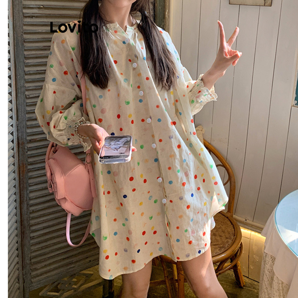 Lovito โบโฮ ชุดเดรสน่ารัก ชุดเดรส ลายจุดสีบล็อกสําหรับผู้หญิง LNA42176