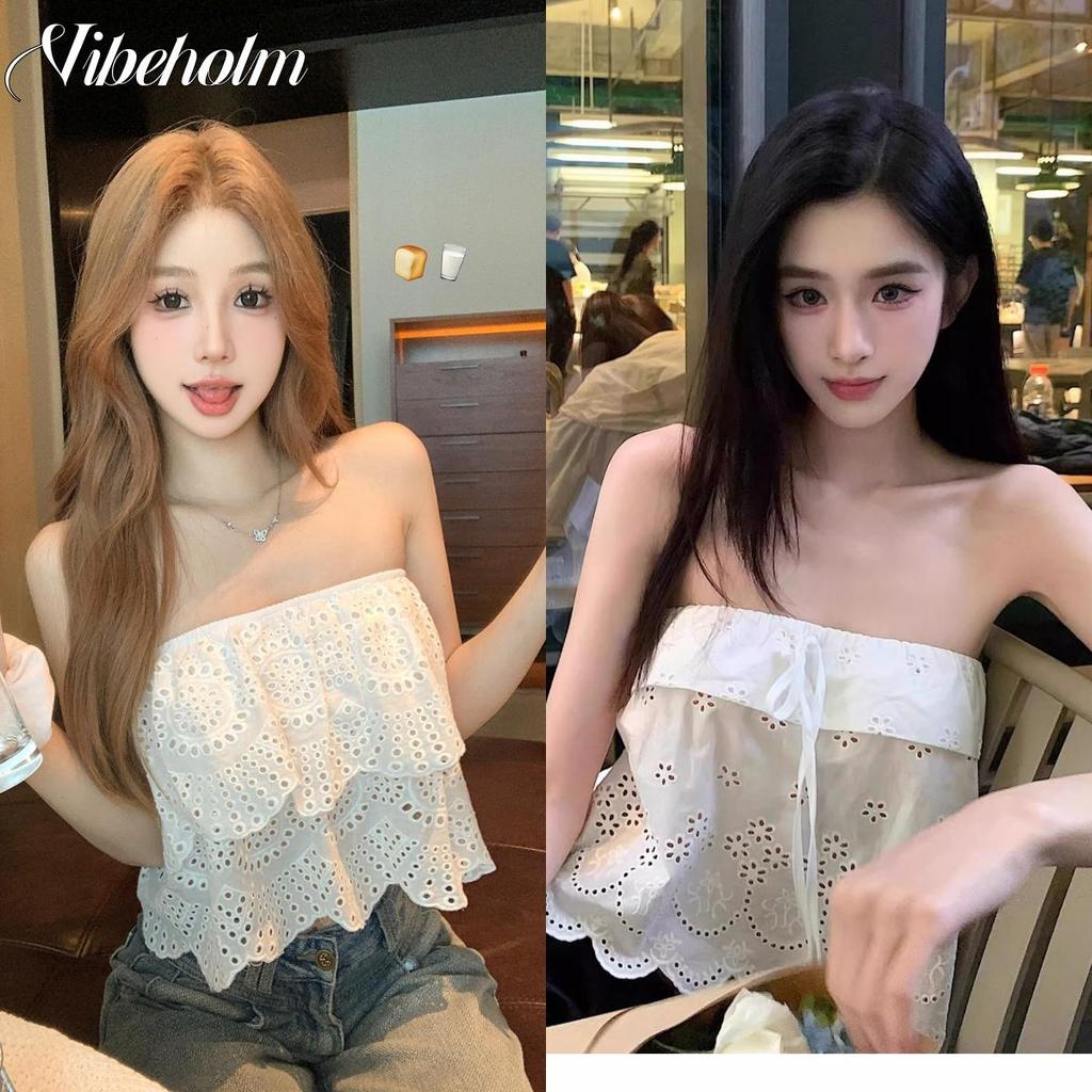 เสื้อเกาะอกสีขาวปักลายฝรั่งเศส.แฟชั่นเซ็กซี่มีเสน่ห์เหมาะกับผู้หญิงฤดูร้อน