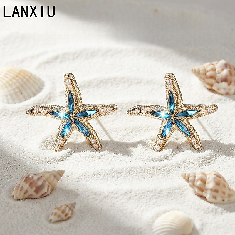 LANXIU Blue Rhinestone Elegant Noble ปลาดาวต่างหูดอกไม้มุกแฟชั่นวันหยุดเครื่องประดับชายหาดสําหรับผู้หญิง