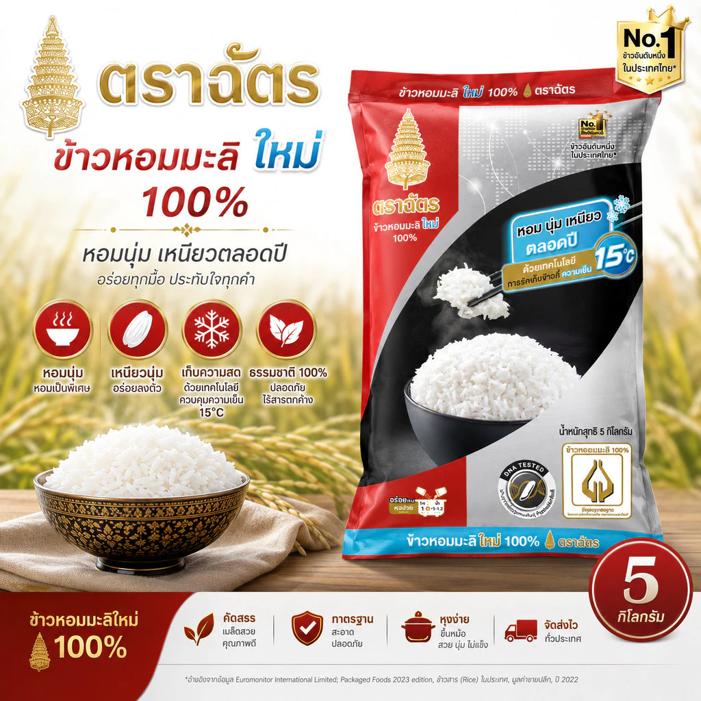 ตราฉัตร ข้าวหอมมะลิใหม่ 100% 5 กิโลกรัม