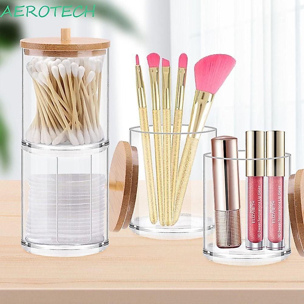 AEROTECH Qtips ผู้ถือพร้อมฝาปิดไม้ไผ่เครื่องสําอางสําหรับอุปกรณ์ห้องน้ําเครื่องประดับแต่งหน้าจัดเก็บ