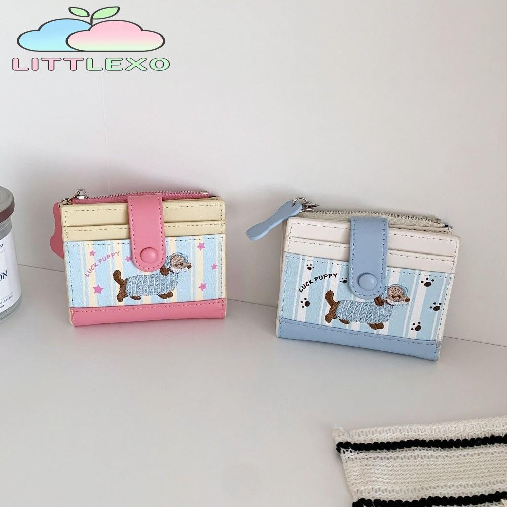 กระเป๋าใส่เหรียญ LITTLEX, Cartoon Dog Dopamine Color Short Wallet, Korean Style PU Dachshund Printing Zipper Small Item Bag Women Girl