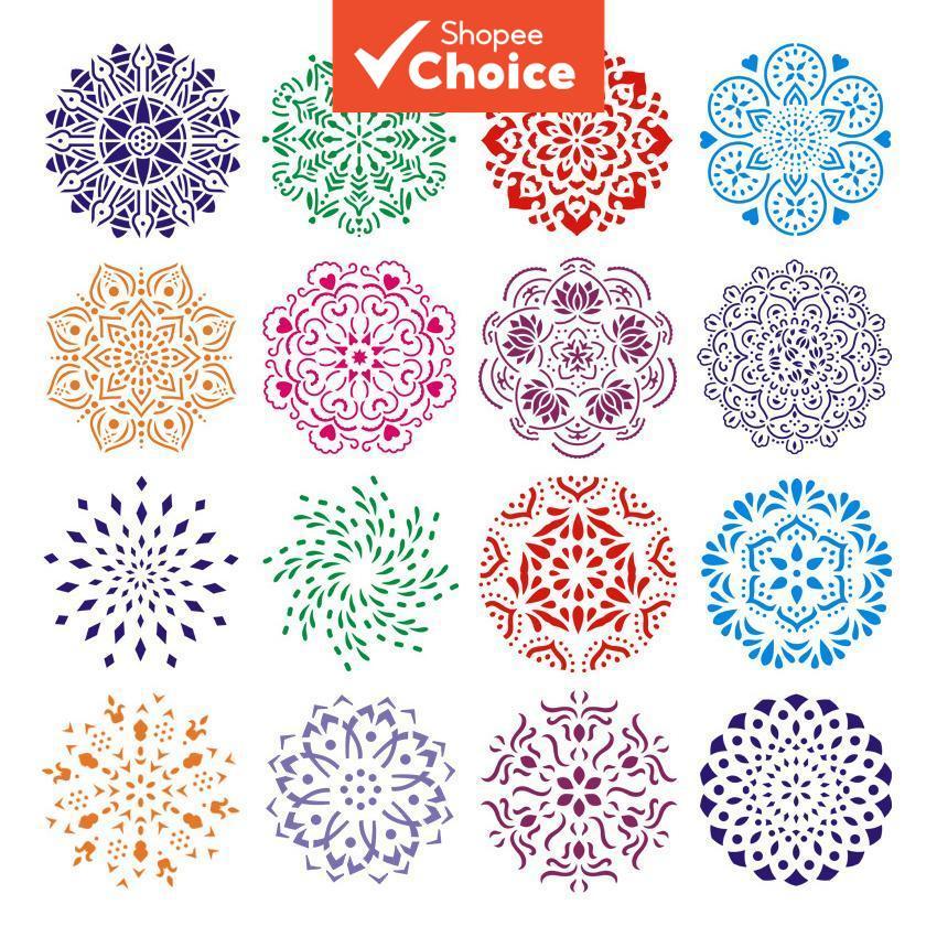 Mandala เรขาคณิตลายฉลุ 16 ชิ้น DIY Layering ภาพวาดแม่แบบ 15x15 ซม.สมุดภาพลายนูน Art Craft Reusable Wall Decor วาดเครื่องมือ