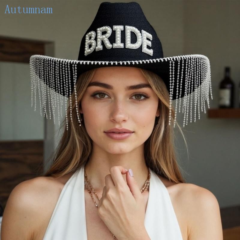 AUTU Elegant Bride Cowgirls Hat with Rhinestones Tassels for Hen Bachelorette Party