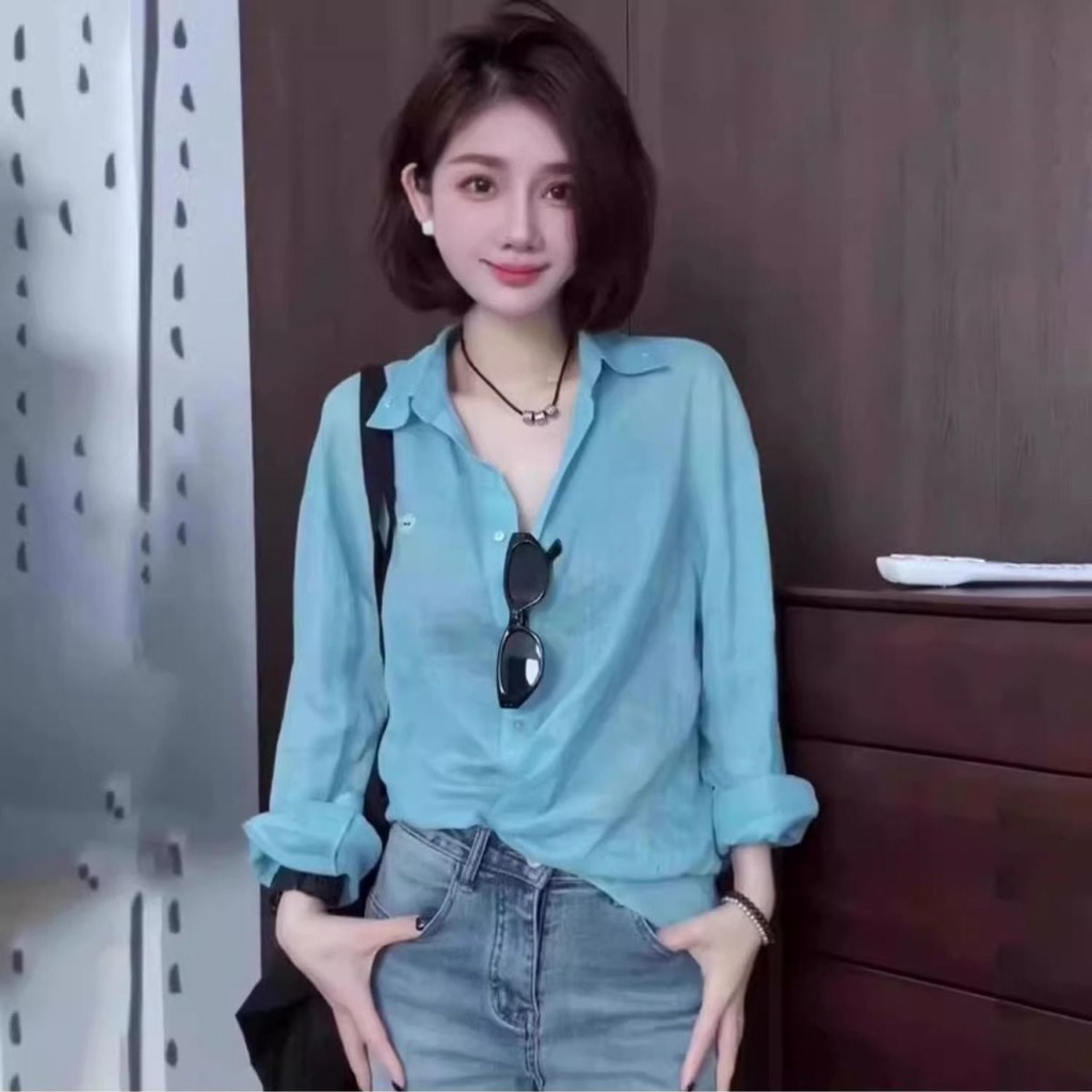 XUWEN2509 Sekill Blue Temperament ครีมกันแดดเสื้อผู้หญิง 2025 ฤดูร้อนที่ไม่ซ้ํากันหลวมขี้เกียจ Casua