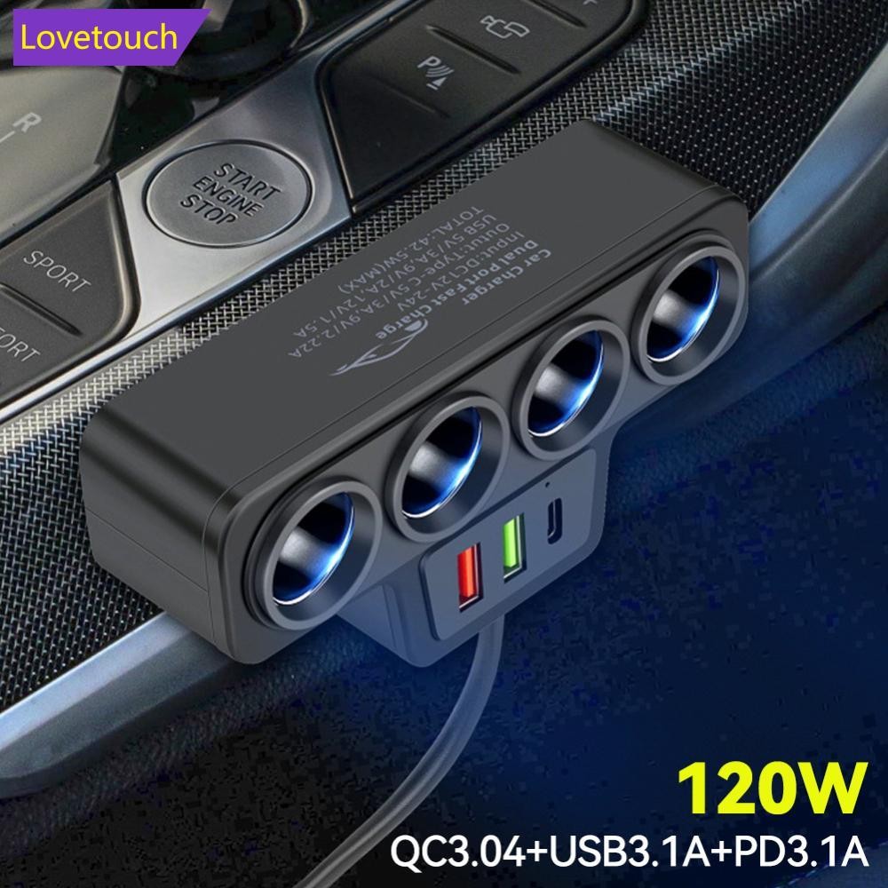 LOVETOUCH 120W 4 ซ็อกเก็ต 12V/24V อะแดปเตอร์ในรถยนต์ 4 ทิศทางอะแดปเตอร์พอร์ต USB ซ็อกเก็ต Splitte O3