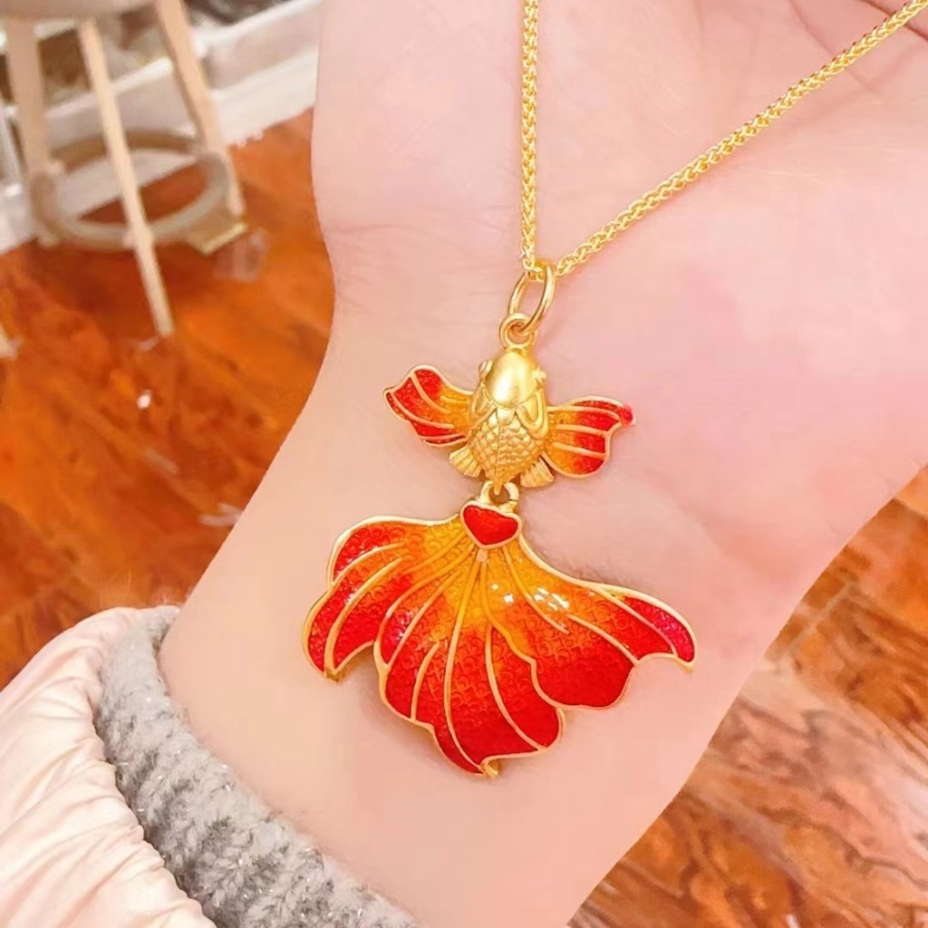 จี้สร้อยคอยาว ก้อยปลาทอง โทนสีแดงและฟ้า เครื่องประดับทำเอง VBS8