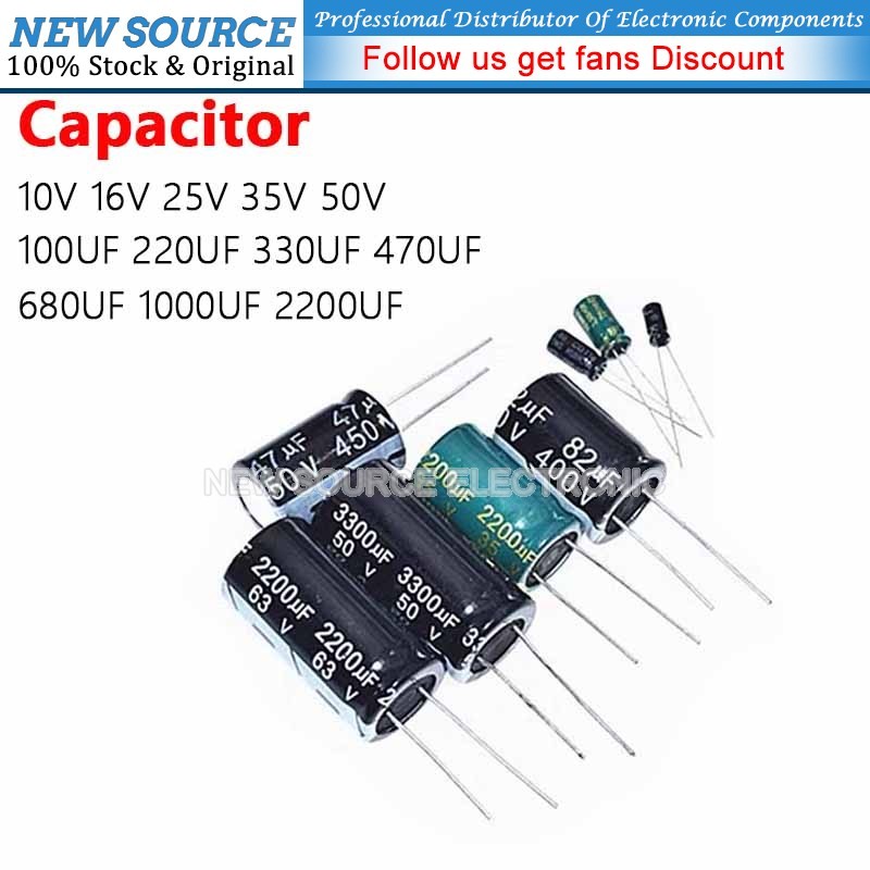 (1-20 ชิ้น) 10V 16V 25V 35V 50V 100UF 220UF 330UF 470UF 680UF 1000UF 2200UF ตัวเก็บประจุอลูมิเนียมอิเล็กโทรลีติค