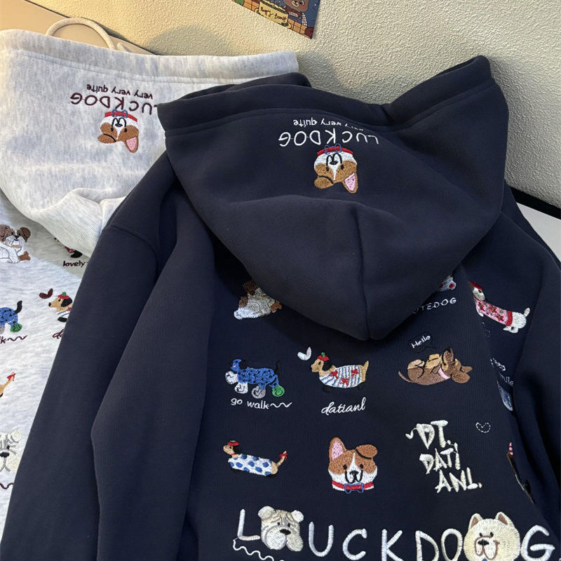 Fun Puppy พิมพ์ Hooded Sweatshirt สไตล์เกาหลี ขนาดหลวม เหมาะสำหรับฤดูใบไม้ร่วงและฤดูหนาว
