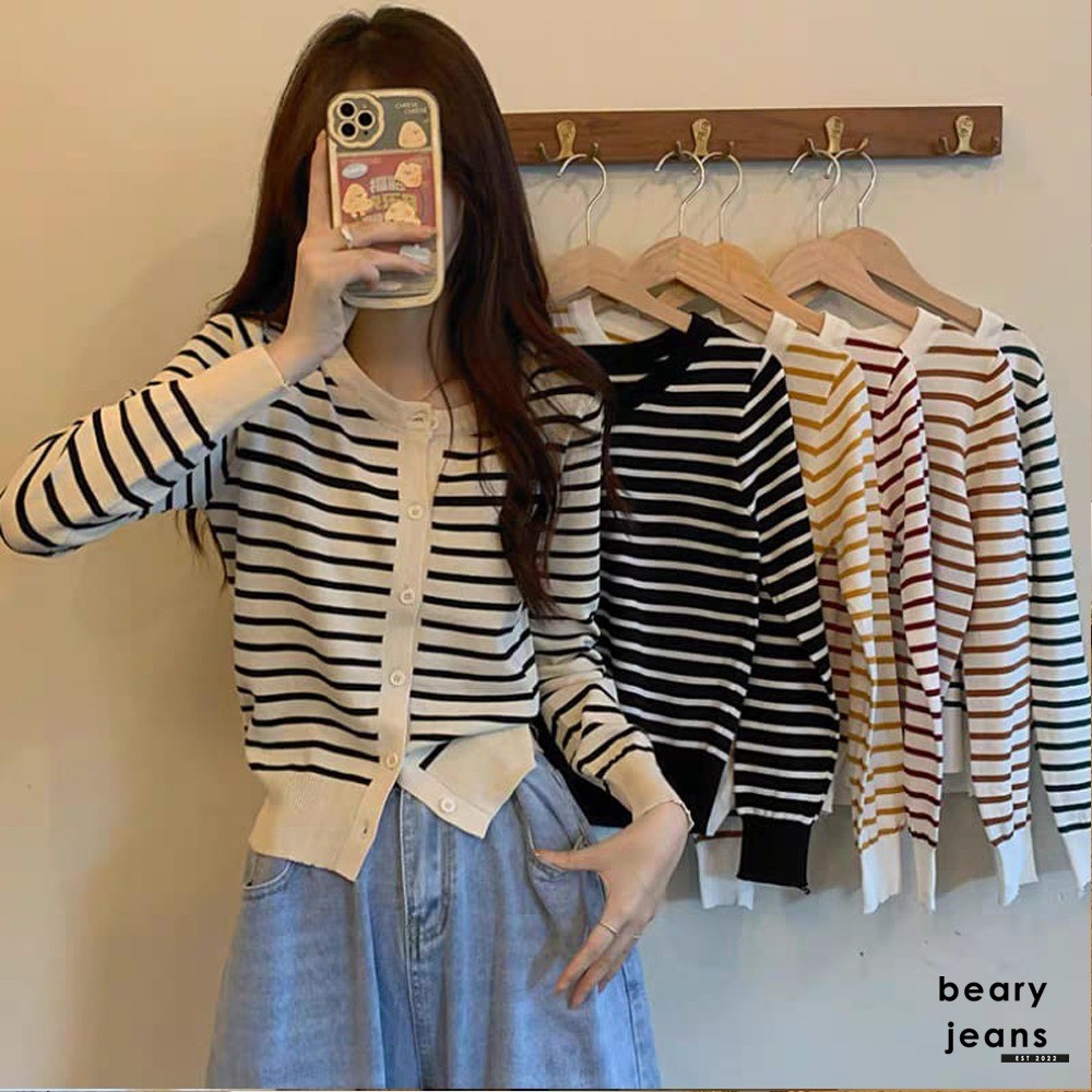 BEARY JEANS BJ223 | ลายทางเสื้อคาร์ดิแกนบางบางถักคาร์ดิแกนผู้หญิงบางลายคาร์ดิแกนวินเทจแขนยาว