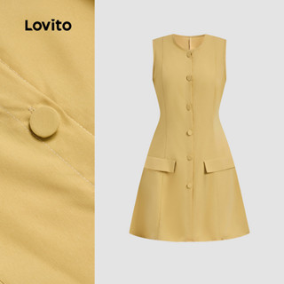 (New) Lovito ชุดเดรสหรูหรา ปุ่มปลอม กระเป๋าปลอม เดรสสีเหลือง…