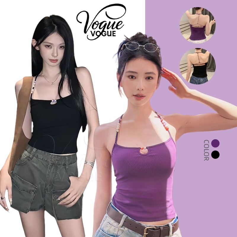 เสื้อสายเดี่ยวเสริมฟองน้ำในตัว สีม่วงดำ แต่งลูปปัด ยืดพอดี ใส่สบาย