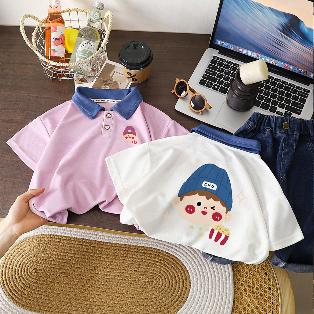 [RJ] เสื้อยืดสไตล์โปโลสำหรับเด็ก ไซส์ 80-160 ซม. สบายในหน้าร้อน แฟชั่นเกาหลี แขนสั้น