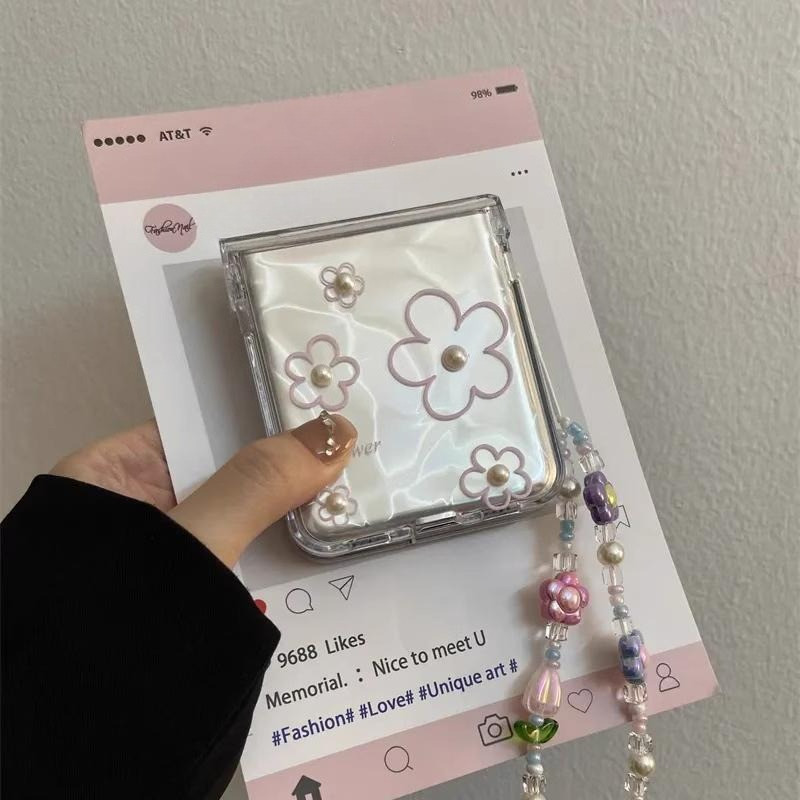 เหมาะสําหรับ Samsung Galaxy Z Flip7 สายโปร่งใสดอกไม้สร้อยข้อมือเคสโทรศัพท์ Lanyard เปลือกพับสําหรับ Zflip 7 FE 6 5 4 3 5G N3Flip MixFlip PC ฝาครอบป้องกันแบบแข็ง