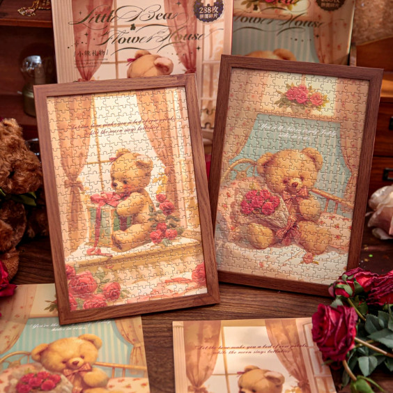 Retro น่ารัก Rose Bear 288 ชิ้นมินิปริศนาของขวัญกล่องพร้อมกรอบรูป DIY เดสก์ท็อปตกแต่งเครื่องประดับของขวัญ