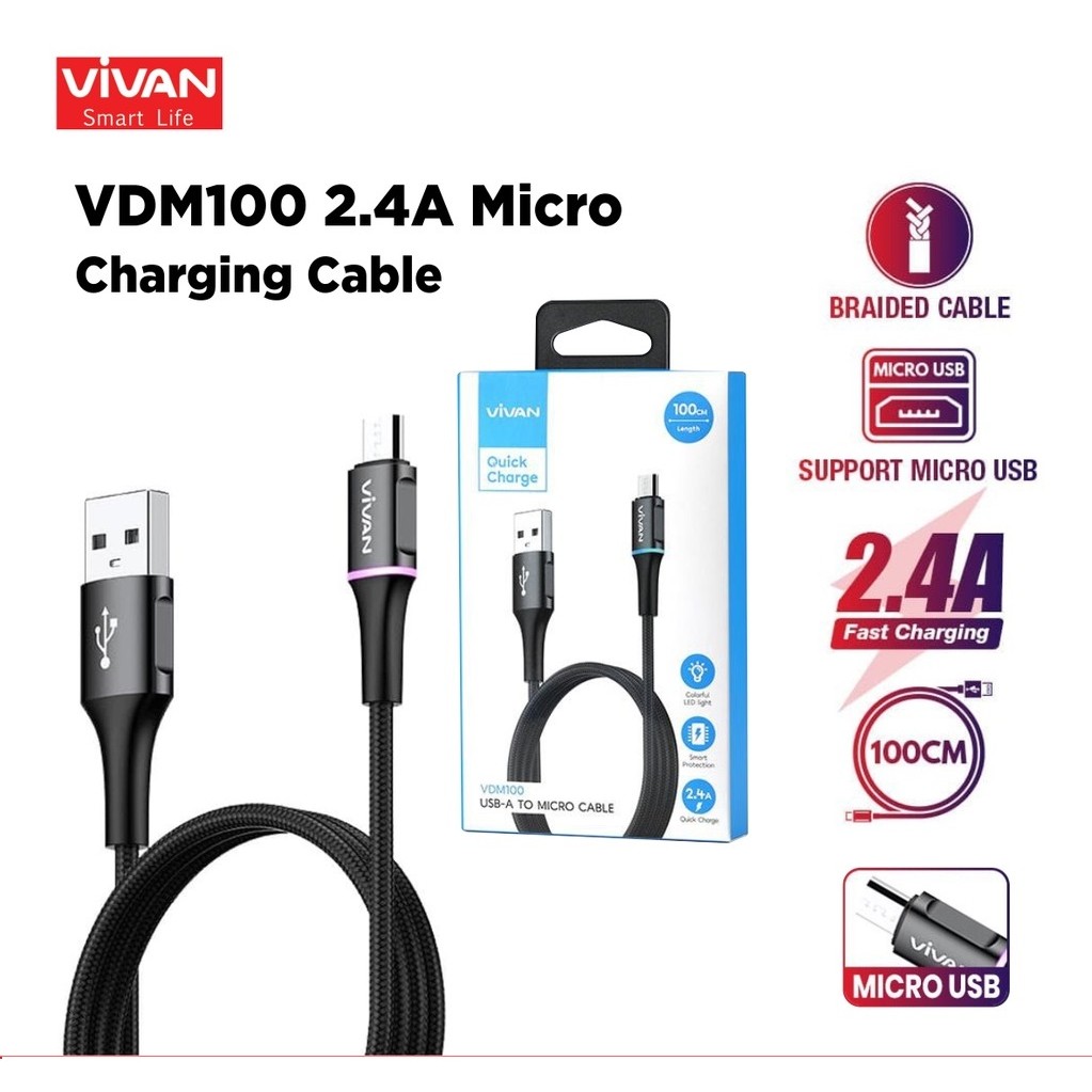 CMB VIVAN VDM100 PREMIUM 2.4A FAST CHARGING QC 3.0 MICRO USB BRAIDED CABLE