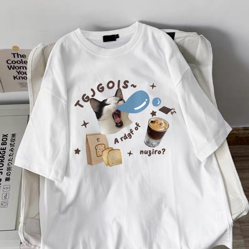 Kitten Cutie Korean Style!Baju T Oversize Cotton 100% Cetakan Kitten Comeal Y2K Aesthetic (สาย S-5XL