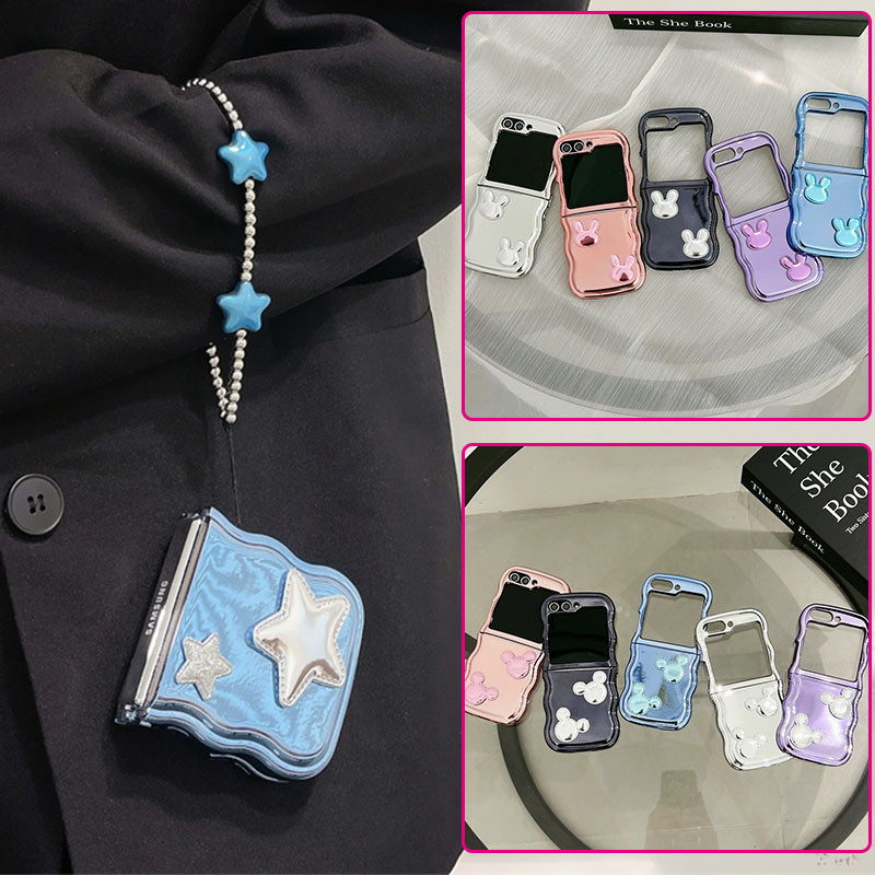 น่ารักสีทึบ Electroplated Star กระต่าย Mickey Wave Acessies Soft TPU สําหรับ Samsung Galaxy Z Flip 7 Flip 7FE Z Flip 6 Z Flip 5 Z Flip 4/3 พร้อมสร้อยข้อมือกันกระแทก