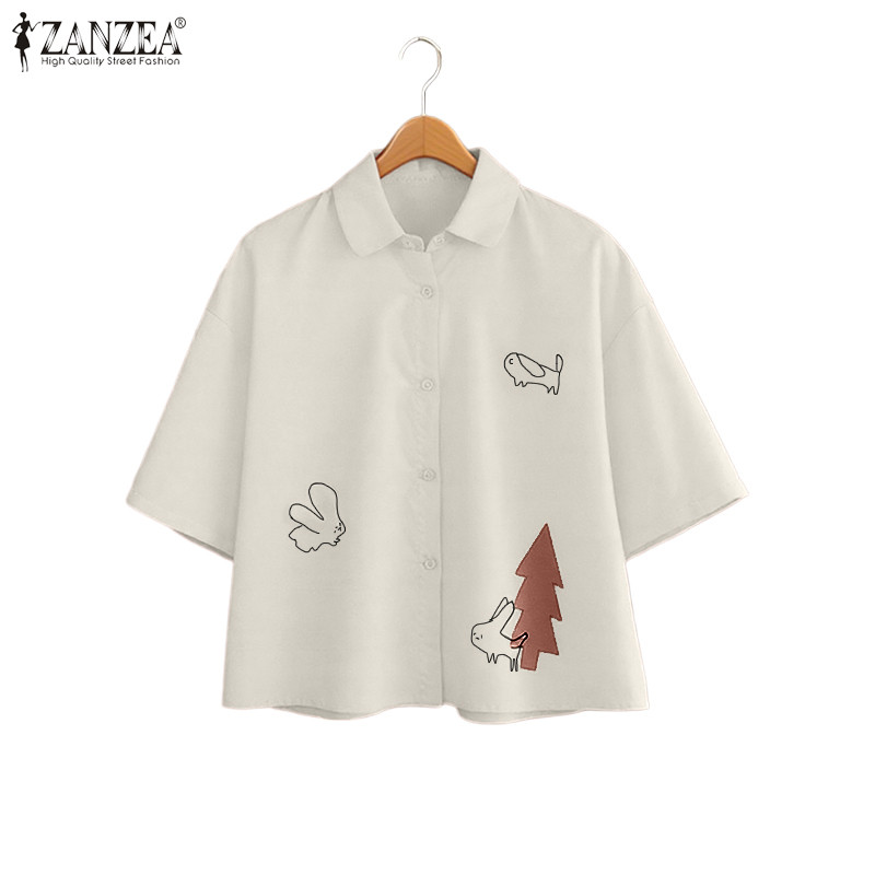 ZANZEA ซานเซีย เสื้อเชิ๊ตแขนสั้นผู้หญิง สไตล์เกาหลี ลายพิมพ์สนุกๆ ใส่ได้ทุกวัน ราคา ถูกที่สุด ดีลบีเคเค แกลเลอรีภาพที่ 4