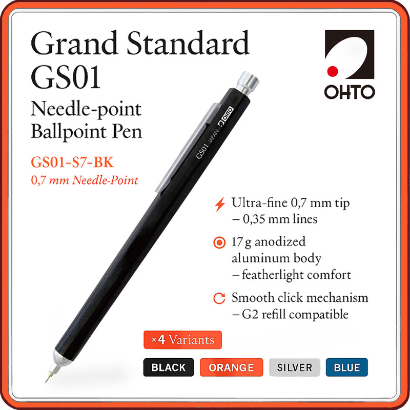 OHTO Grand Standard GS01 Needle-Point 0.7 mm Refillable Aluminum Ballpoint Pen – Smooth Click Action