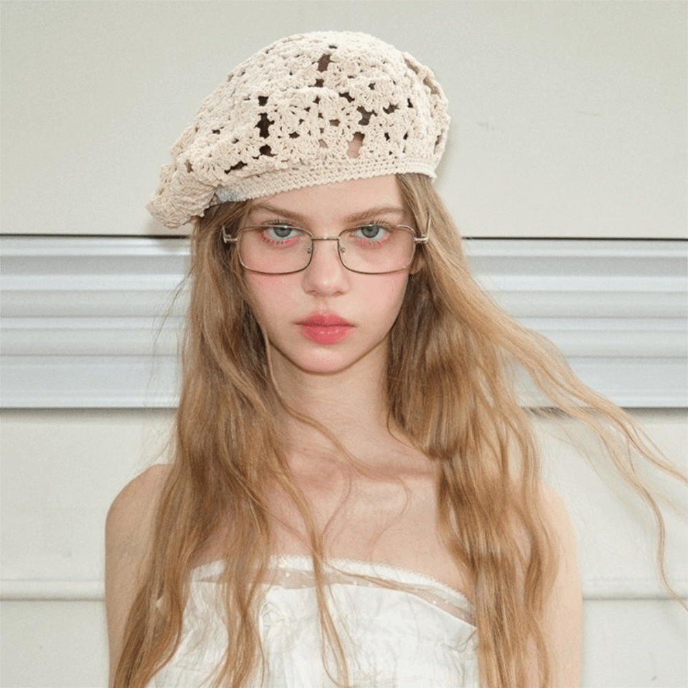 TRENDYO Niche Retro Handmade Hollow Beret ฤดูร้อนบางสไตล์โครเชต์ y2k สาวร้อนจิตรกรหมวก