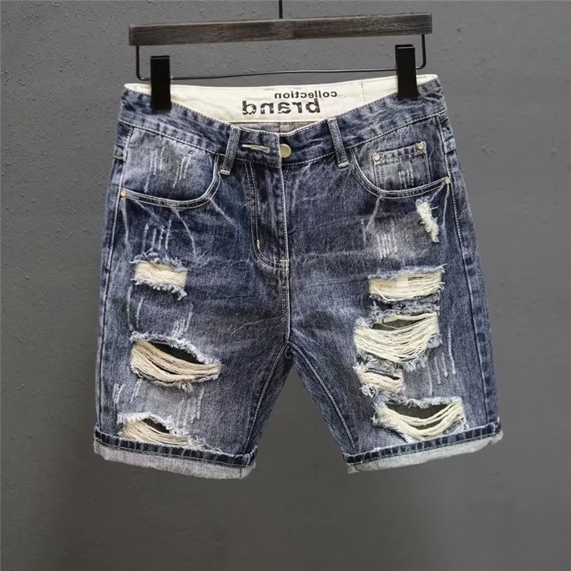 กางเกงขาสั้นยีนส์ผู้ชาย สไตล์Street Wear Scratch Ripped แบบSlim-fit