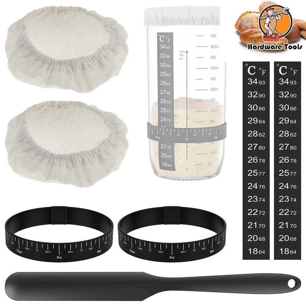 7 ชิ้น Sourdough Starter Kit Sourdough Starter อุปกรณ์เสริมผ้าครอบคลุมอุณหภูมิและวันที่ Marked Feedi